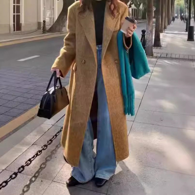 秋冬新款高级感双面呢羊绒大衣加长款气质羊垫肩西装领毛呢外套女