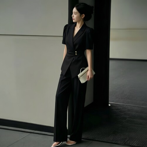 大码女夏显瘦短袖西装裤套装