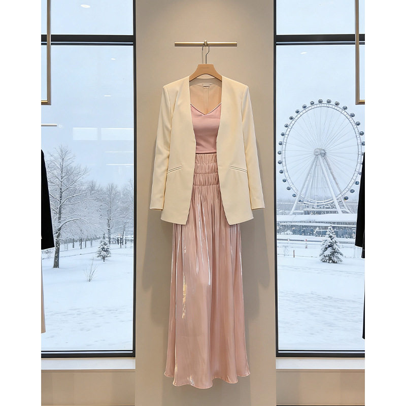 200斤高个子大码西装套装吊带裙女胖mm春夏季外套吊带长裙两件套