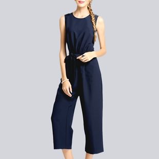 套装 女装 夏季 大码 高端气质连身裤 系带九分连体裤 时尚 欧美胖mm无袖