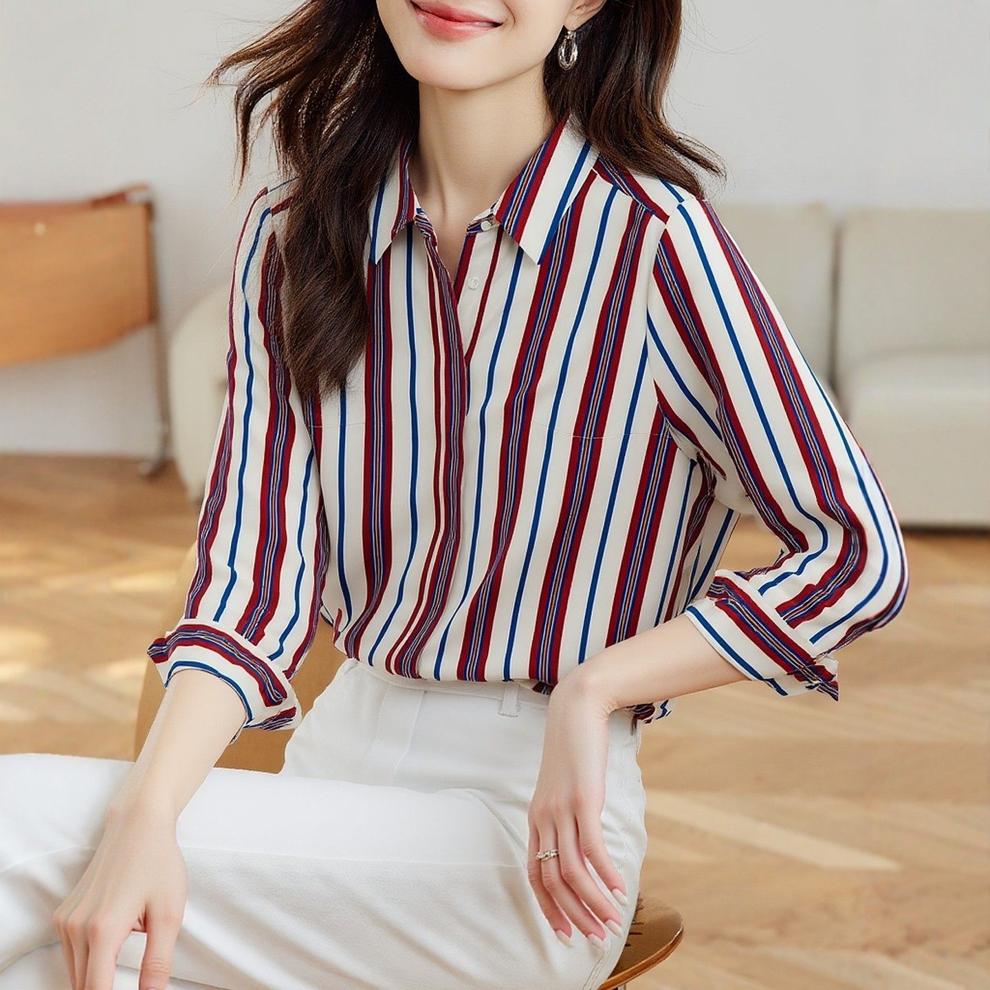 大码条纹雪纺正肩外穿衬衫女长袖搭配吊带叠穿上衣2026春秋装新款,女装/女士精品,衬衫,淘宝优惠券,粉丝福利购,淘宝优惠卷