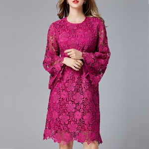大码水溶蕾丝玫红色宽松a字长袖连衣裙女春秋新款胖mm遮肚中长款