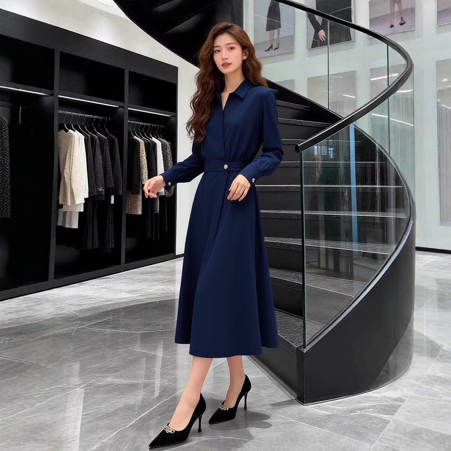 胖mm长款v领长袖衬衫领连衣裙女装气质收腰大码显瘦2026春季新款