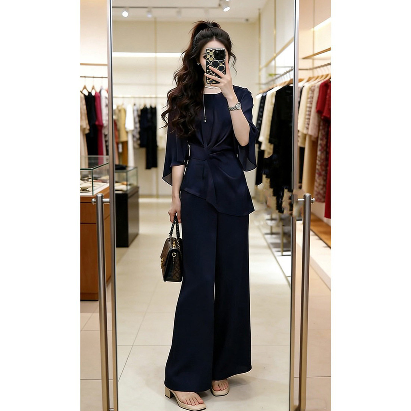 高级感缎面套装收腰褶皱上衣阔腿裤子两件套显瘦夏季新款大码女装