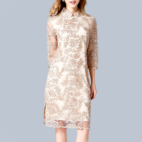 金色欧根纱蕾丝旗袍子裙大码刺绣