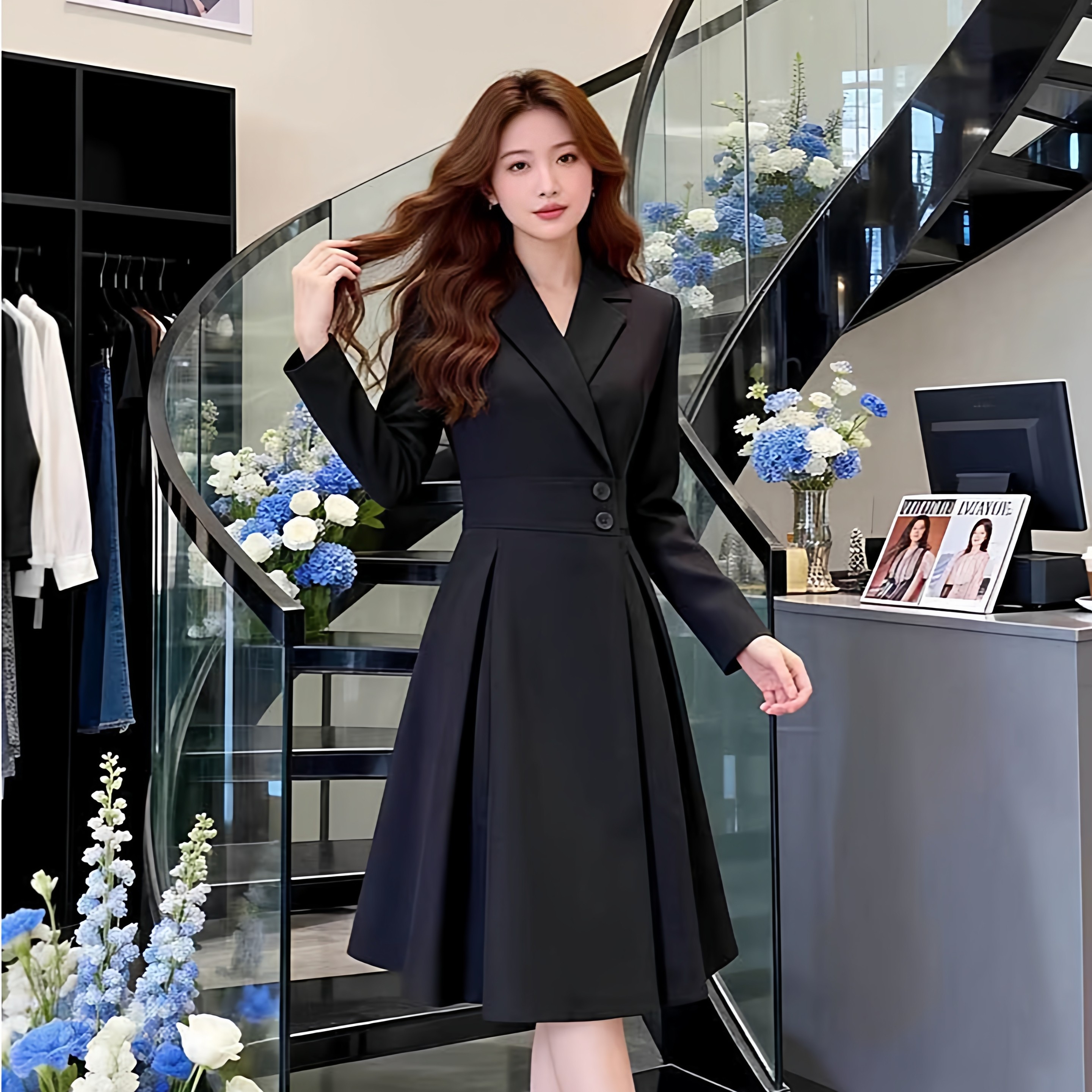 大码女装长袖中长款收腰风衣式连衣裙高级感通勤气质高端西装裙子