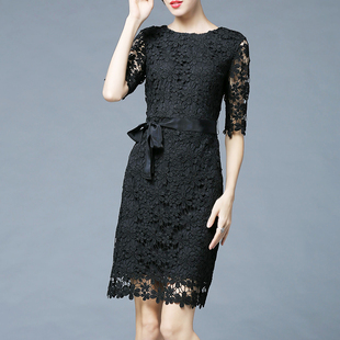 大码女装黑色中袖性感镂空直筒棉水溶蕾丝连衣裙2025新款夏季春秋