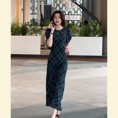 复古格纹轻熟御姐风长裙子大码女