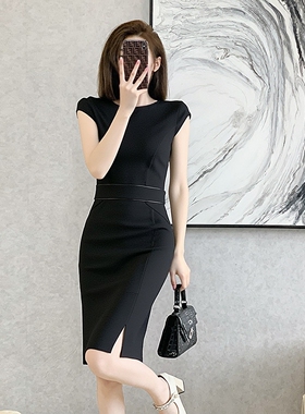 春秋新款职业装无袖背心黑色ol连衣裙子大码女装一步修身秋冬长袖