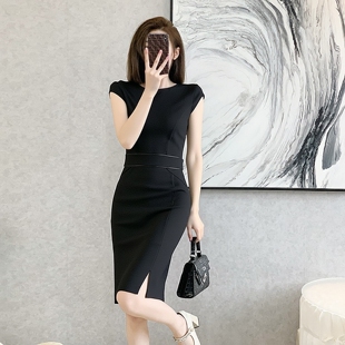 春秋新款职业装无袖背心黑色ol连衣裙子大码女装一步修身秋冬长袖