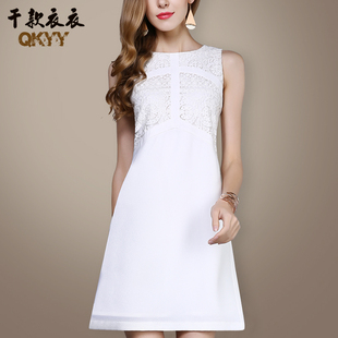 藍(lán)色大碼 胖mm女裝 背心白色拼接a字連衣裙氣質(zhì)夏季 春秋款 蕾絲無袖