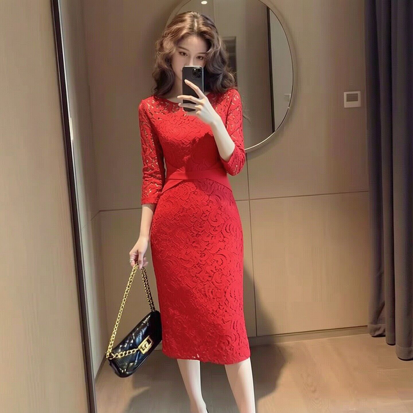轻熟法式风红色蕾丝连衣裙女婚宴喜婆婆长袖收腰显瘦包臀裙高级感