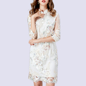 欧根纱盘扣立领斜襟旗袍长袖 欧美大码 刺绣复古改良版 荷叶边连衣裙