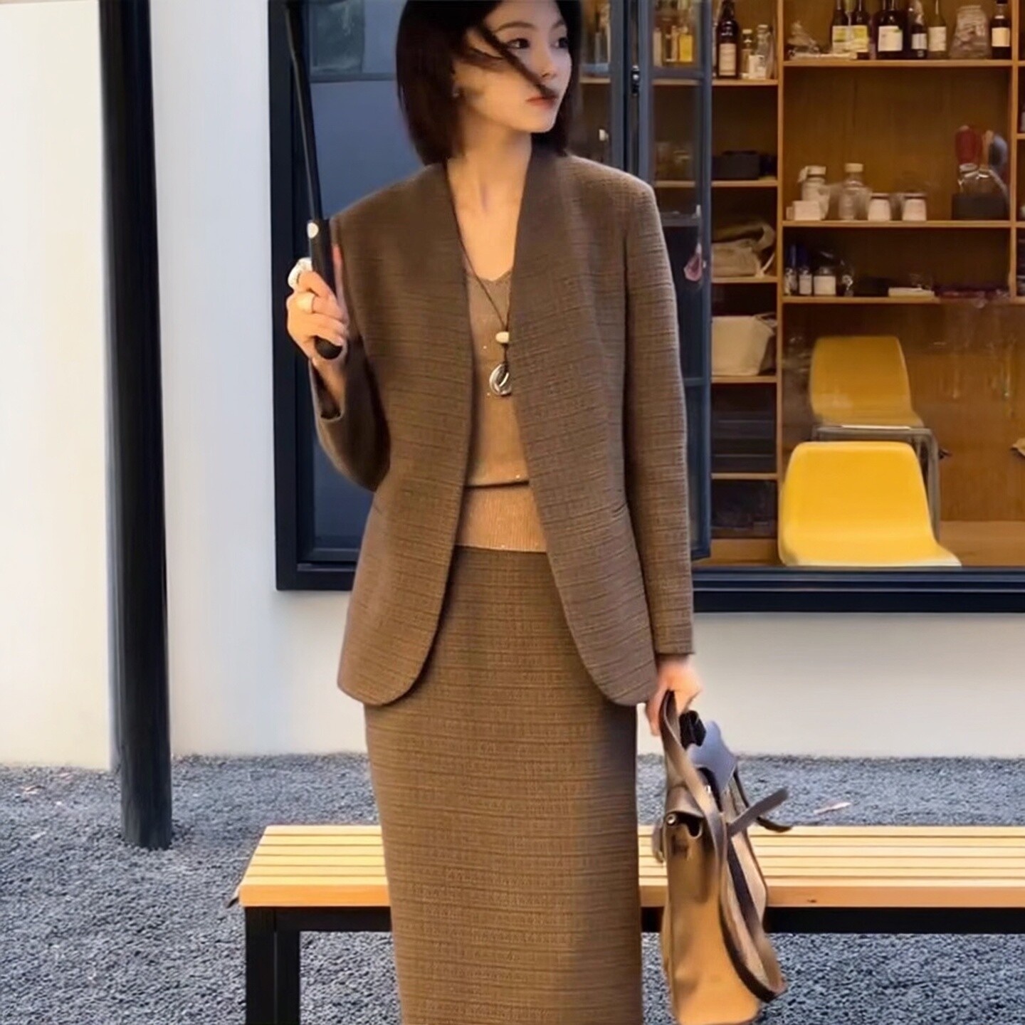 气质高级感小香风西装外套开叉半身裙女两件套装大码秋冬新款胖MM