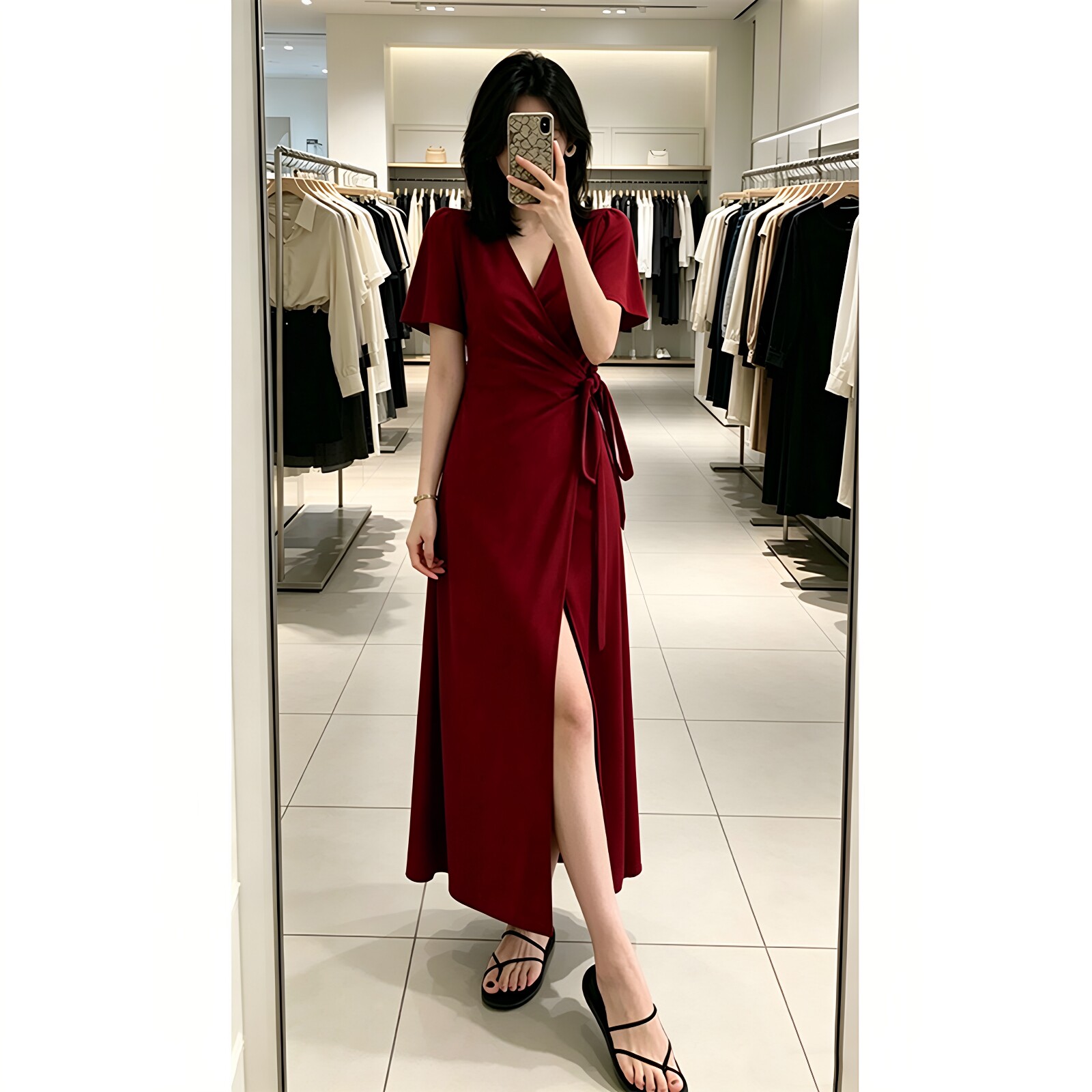 韩式大码女装V领收腰褶皱连衣裙女夏季红色开叉系带长裙胖mm显瘦