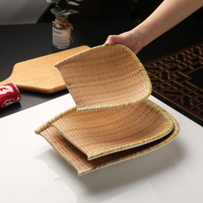 密胺仿瓷仿竹编盘创意创意大盘子烧烤火锅竹藤编商用火锅塑料菜盘,餐饮具,盘,淘宝优惠券,粉丝福利购,淘宝优惠卷