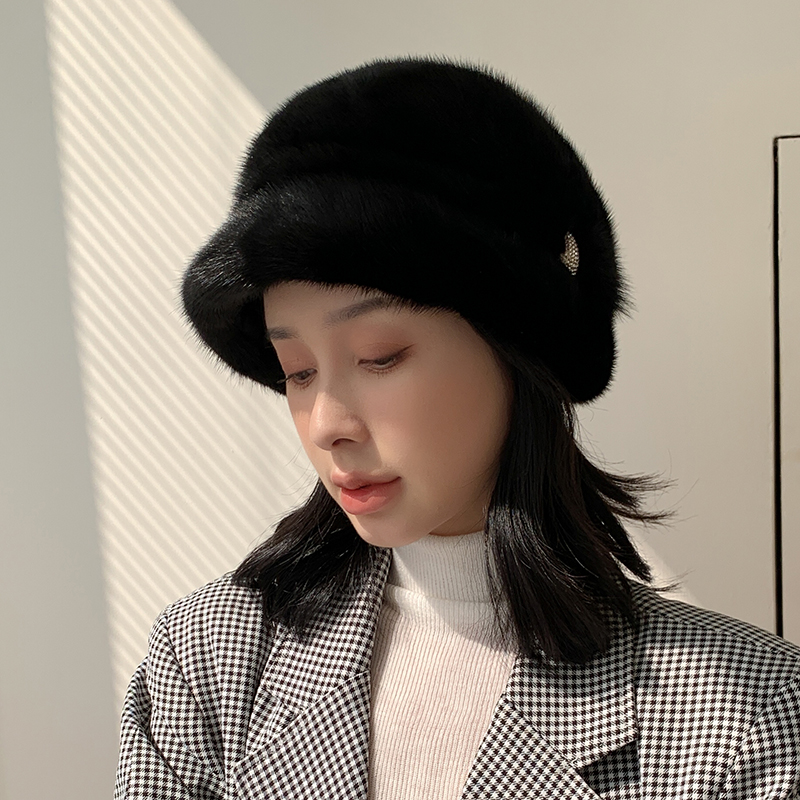 韩国气质整皮水貂毛帽子冬季女士保暖貂皮礼帽贝雷帽真毛皮草帽子