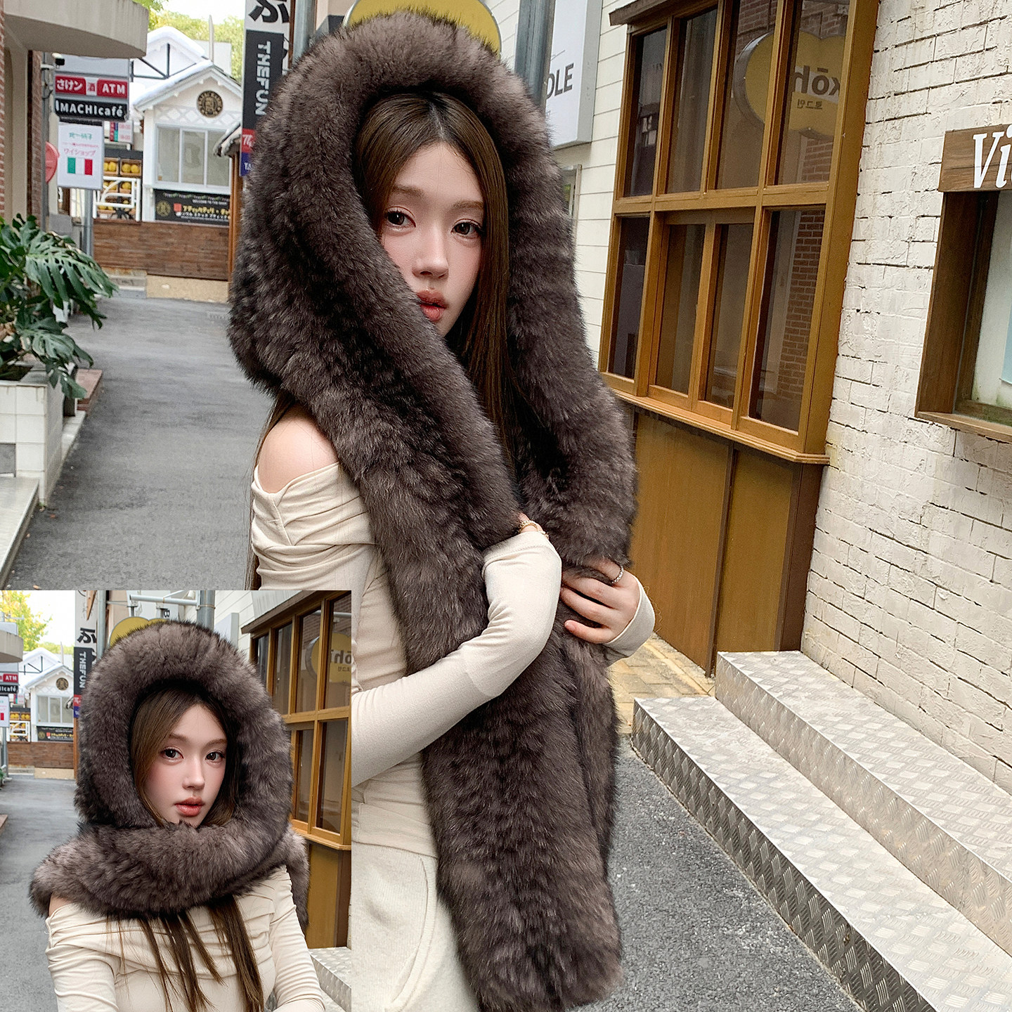 狐狸毛风雪帽围巾帽子一体帽