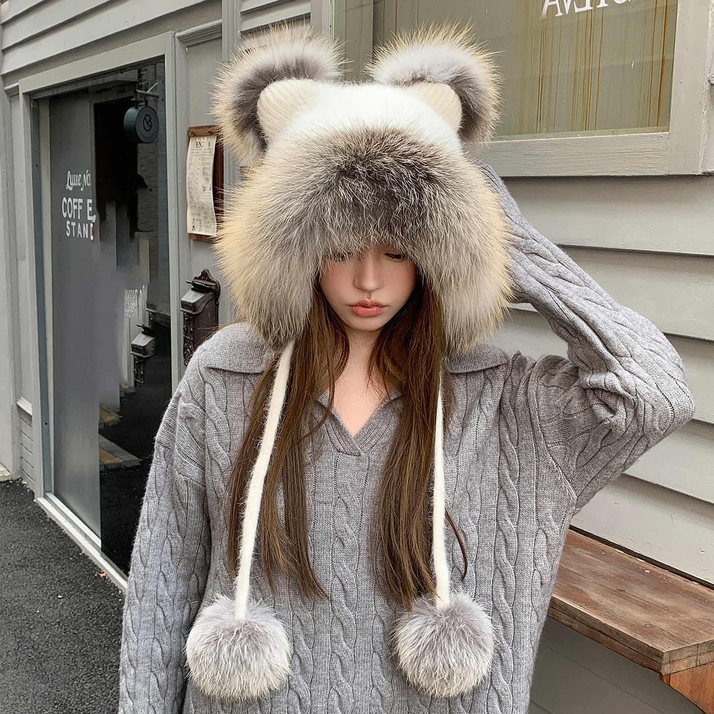 狐狸毛皮草小熊帽秋冬女