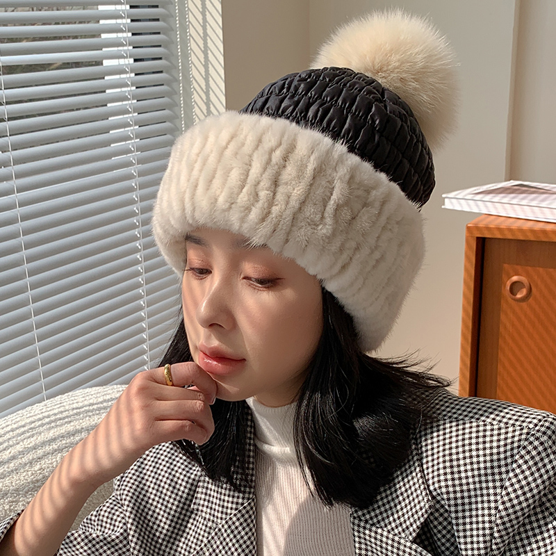 韩国新款真毛皮草帽子水貂毛配狐狸毛球羽绒棉保暖可爱护耳帽气质