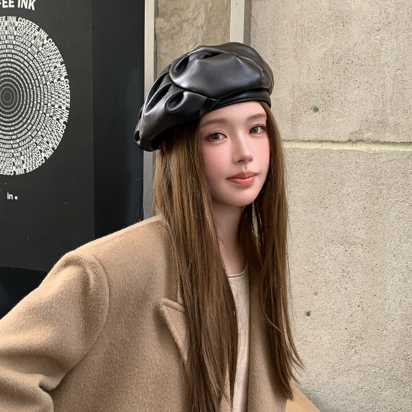 新款小羊皮贝雷帽女士时尚气质画家帽显脸小百搭云朵法式真皮帽子