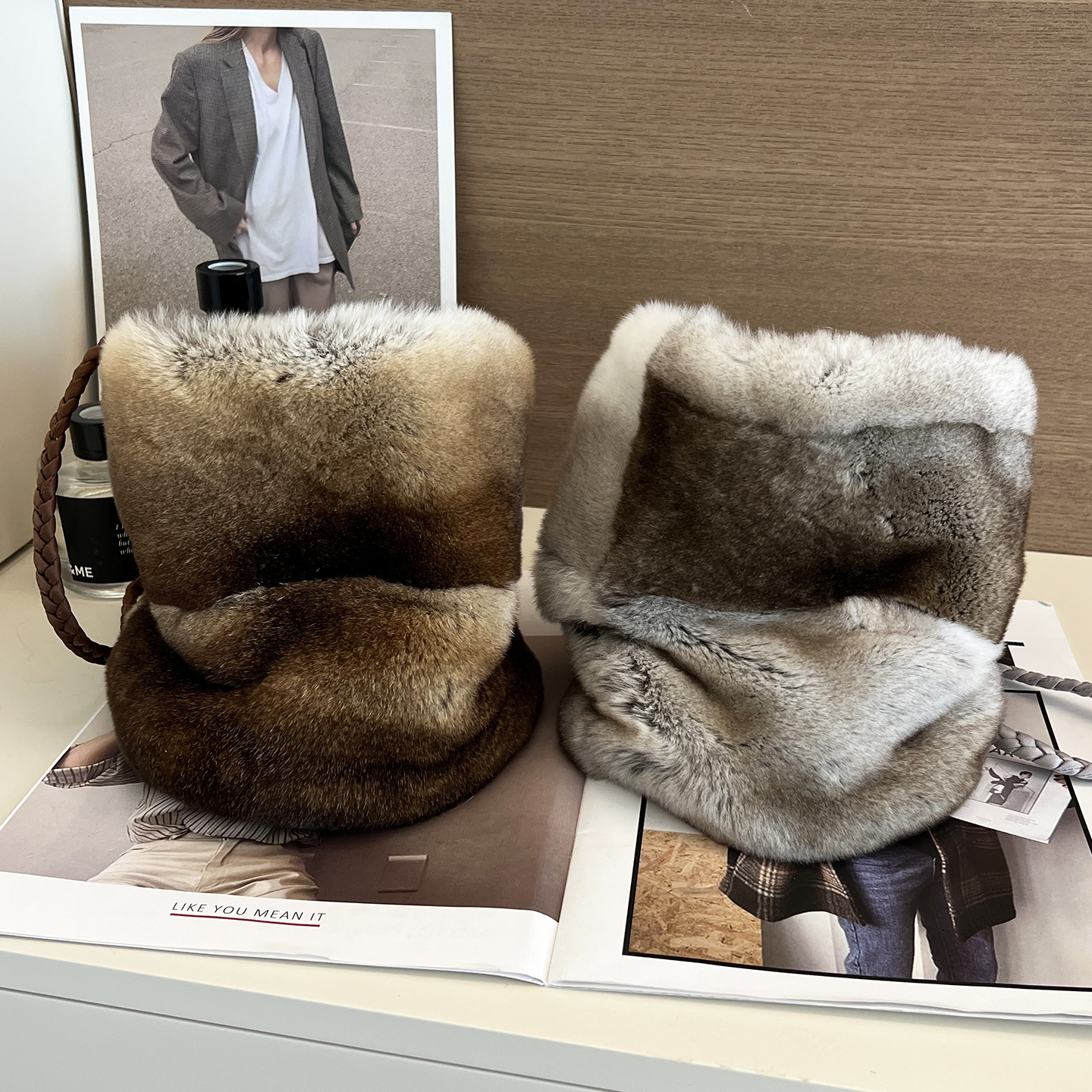 奢华丝绒青紫蓝色兔毛皮水桶包