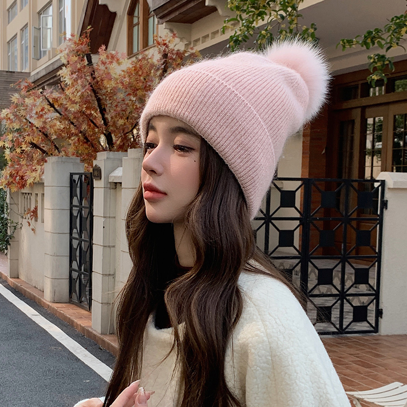 秋冬毛线帽子女百搭保暖狐狸毛球