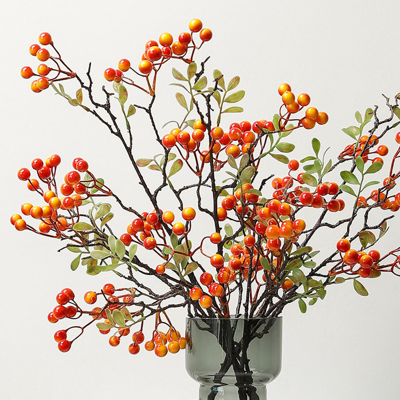 仿真发财果红果子树枝冬青果枝藤蔓小叶枝插花配材花艺客厅装饰花