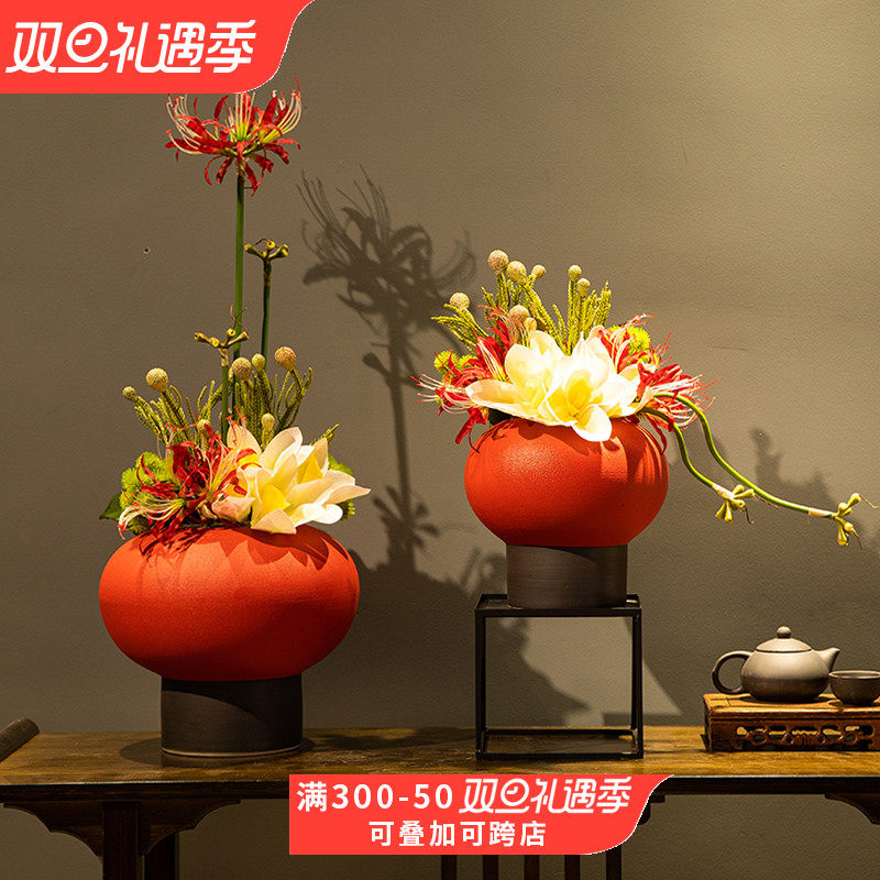 中式红灯笼陶瓷花瓶摆件创意仿古软装家居花艺套装桌面装饰品摆设