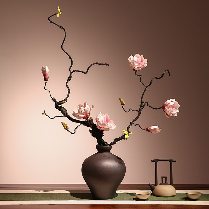 仿真玉兰木棉玉兰树造型枝家居装饰花束名宿茶室玄关摆件花瓶套装