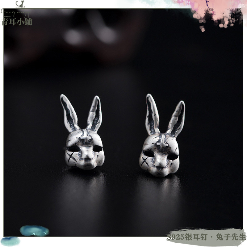 s925银古做旧长耳朵小兔耳钉