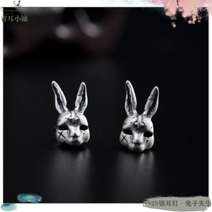 s925银古做旧长耳朵小兔耳钉