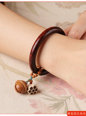 复古新中式桃木铃铛檀木手镯