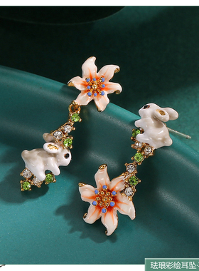 国风小清新珐琅彩釉粉色水仙花耳坠灰色小兔子不对称长款流苏耳环