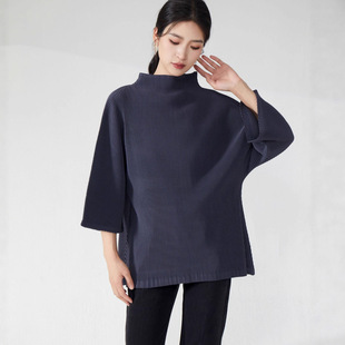 7分袖 PY褶皱t恤女早秋新款 上衣宽松显瘦半高领打底衫 女装 百搭 大码