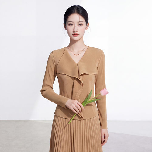 PY褶皱长袖上衣女秋新款V领荷叶边收腰打底衫气质通勤设计感T恤