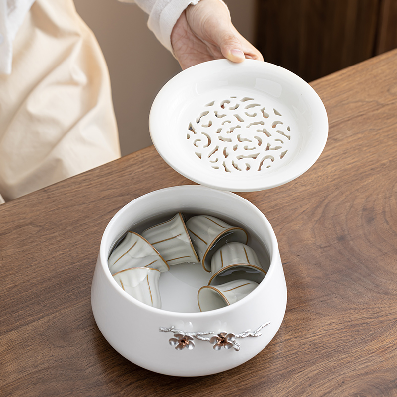 日式茶洗带盖建水茶具配件家用禅意复古白瓷茶盆茶盂水盂茶渣缸