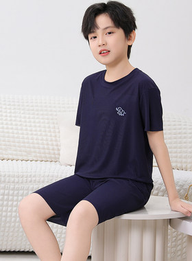 男童短袖短裤青少年冰丝空调服套装儿童睡衣男孩夏季家居服