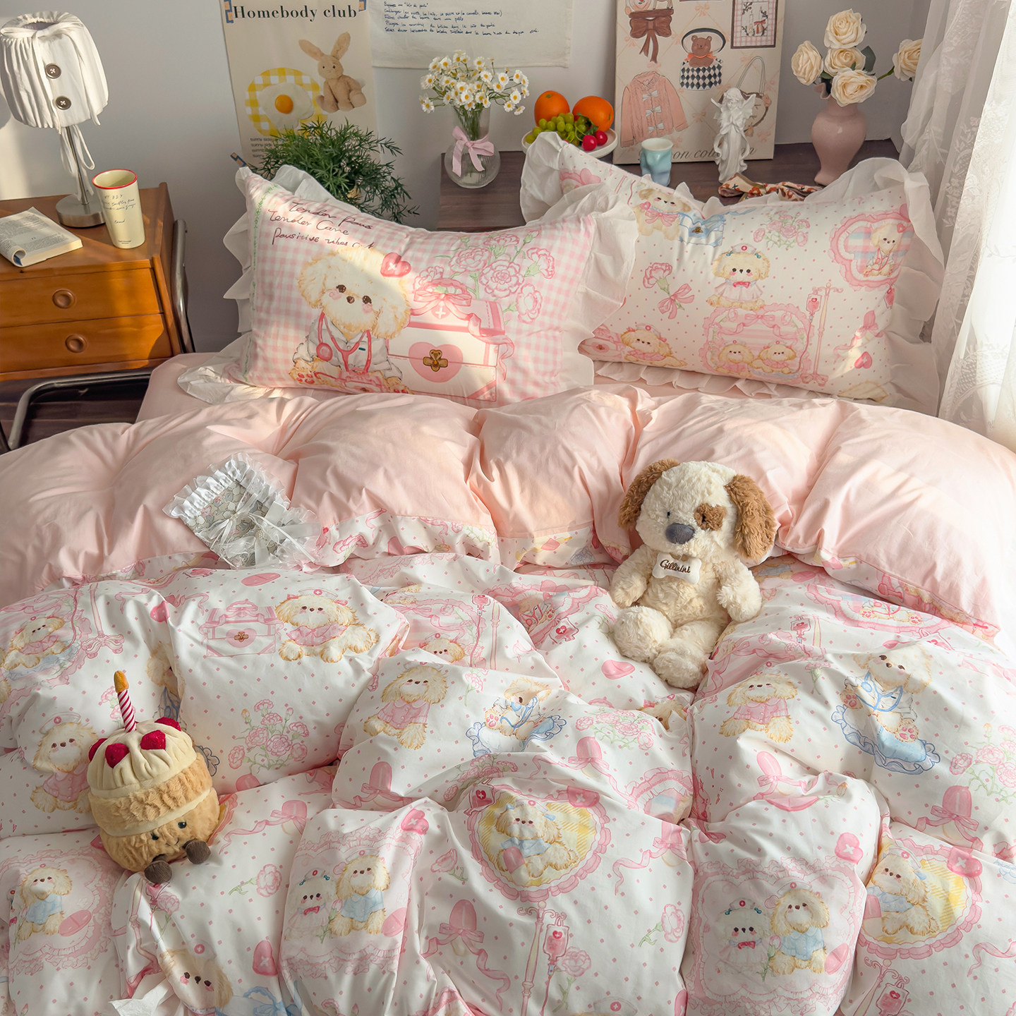 韩版公主风纯棉花边三四件套粉色可爱少女洛丽塔女孩床单床上用品