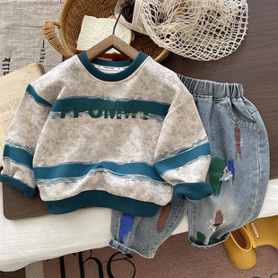 男童条纹卫衣春秋2025新款儿童春装帅气时髦潮小童小男孩春季套装