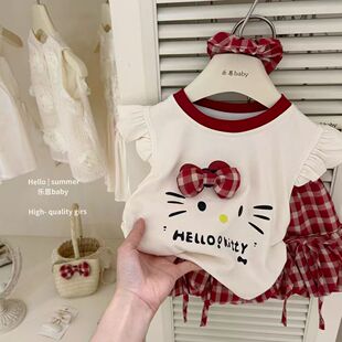女童夏新款红色KT猫蝴蝶结背心格子套装时髦洋气可爱女宝上衣裤子