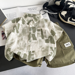 2026潮男童夏季套装短袖新款洋气儿童酷帅衬衣工装短裤两件迷彩