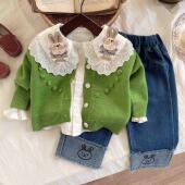 牛仔裤 女童春秋时髦套装 儿童针织外套洋气衬衫 韩版 3件套 2024新款
