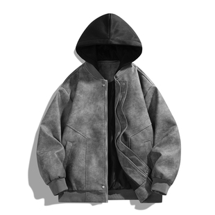 2025春季新款美式复古PU皮夹克男机车服宽松连帽情侣款夹克外套男