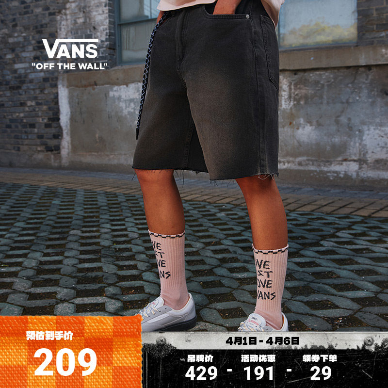 Vans范斯官方 女子纯棉梭织短裤黑色牛仔水洗运动休闲裤