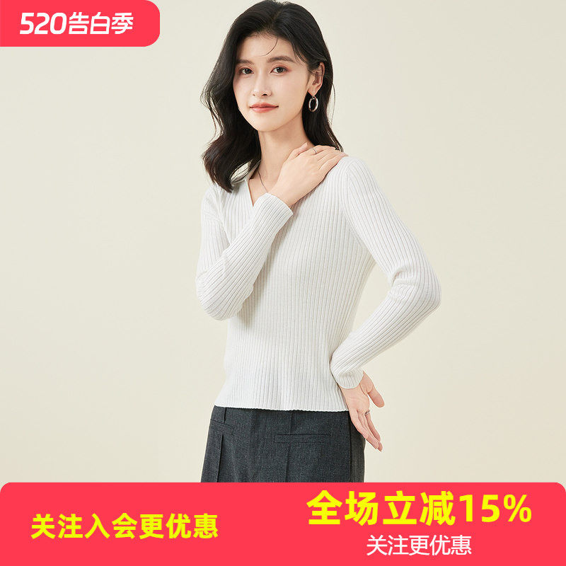 金菊长袖T恤短款早春纯色打底U领polo修身螺纹打底衫女式针织衫