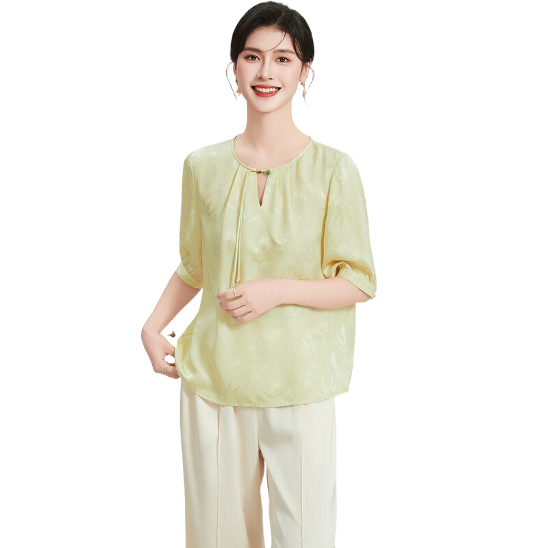 【新中式真丝上衣】100%桑蚕丝五分袖纯色国风夏季女式T恤