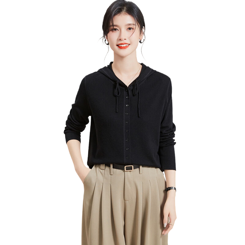 金菊春秋纯色连帽系带单排门襟纽扣开衫上衣百搭日常女式针织衫