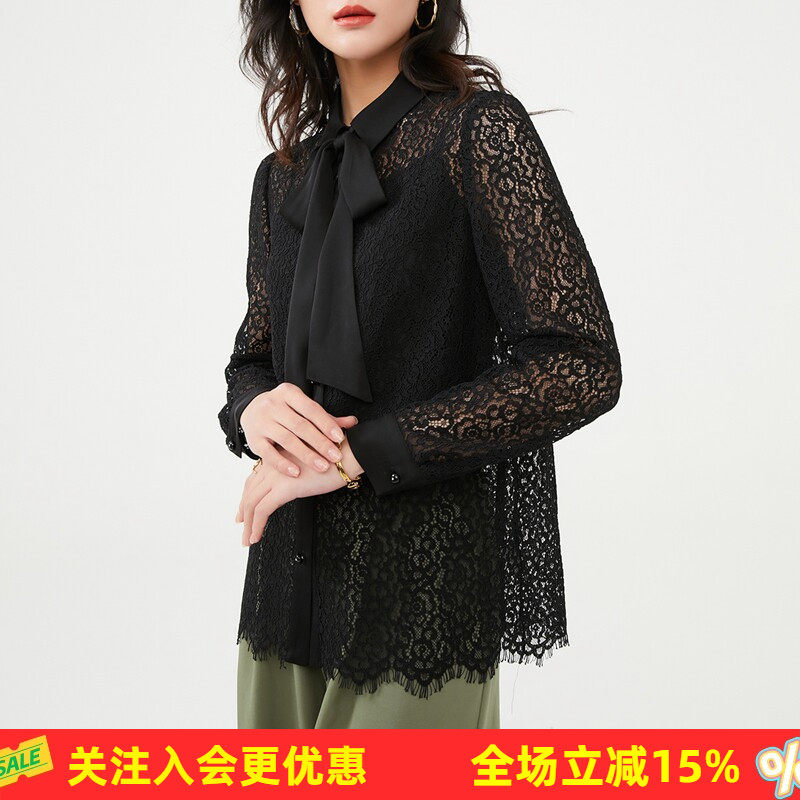 金菊蕾丝系列春季新款上衣纯色镂空飘带简约桑蚕丝真丝女式衬衫