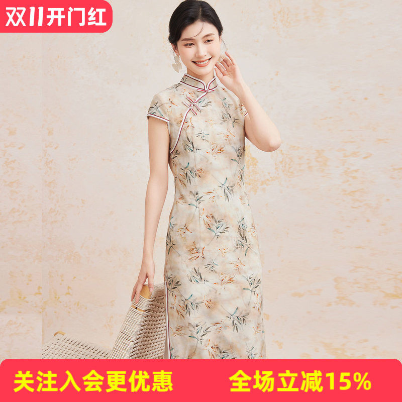 金菊【桑蚕丝国风旗袍】26年新品立领包袖斜襟竹叶花卉女式连衣裙